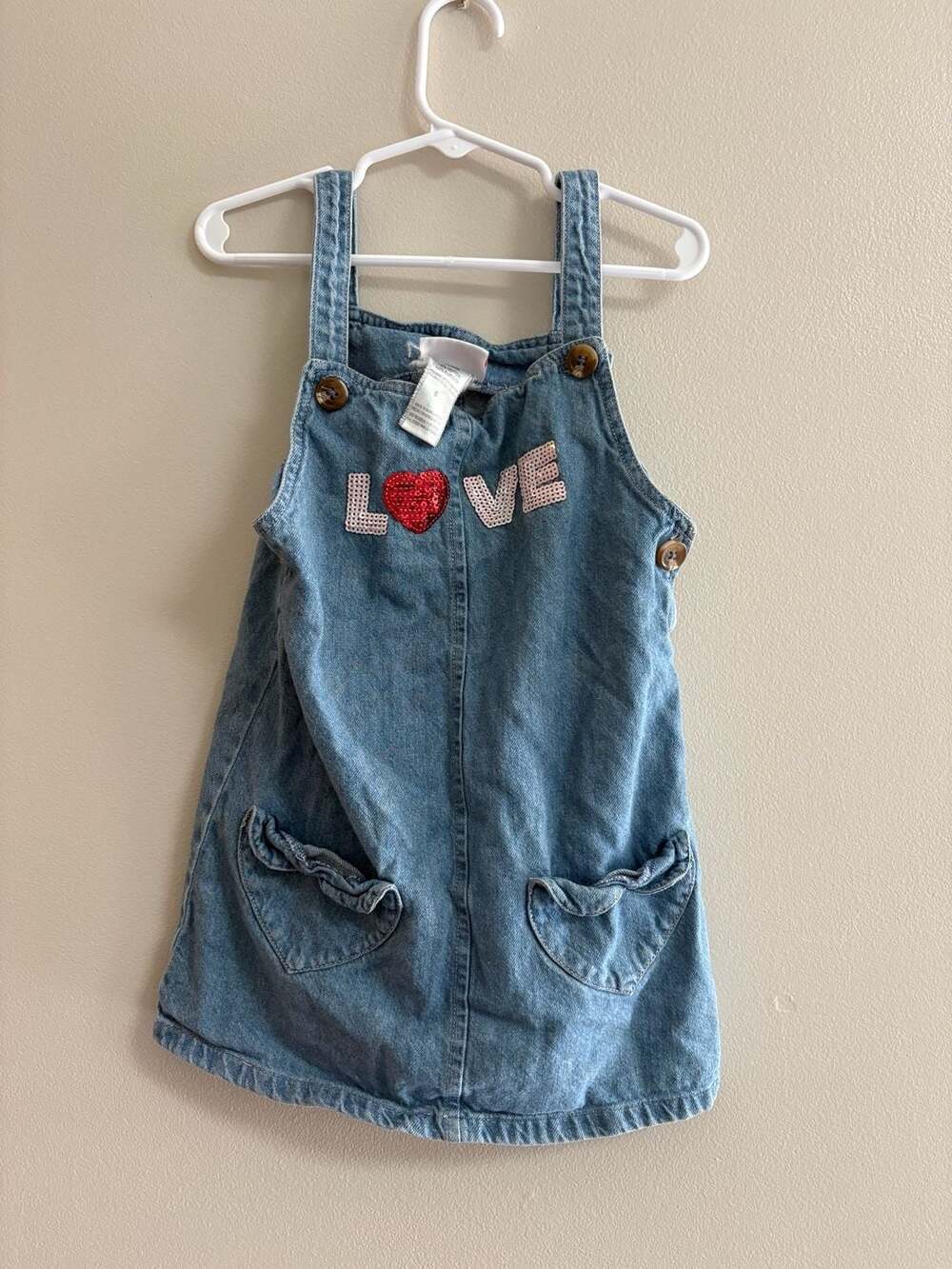 Little Lass Girls Denim Overall Dress Size 6 LOVE Sequin Heart